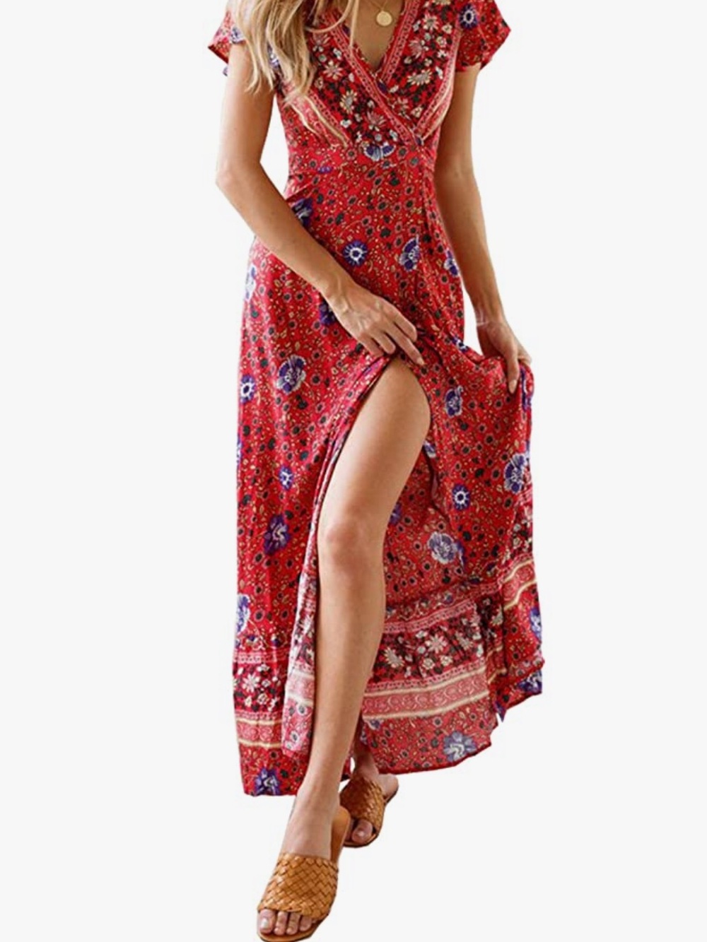 Red Maxi Wrap Dress Slit with Short Sleeves and tie belt